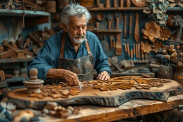 Skilled elderly carpenter concentrating on carving intricate designs on wood - obrazy, fototapety, plakaty