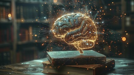 Explore a cutting-edge vision of accelerated learning through a digital brain interface linking neural networks to books amid a futuristic backdrop.