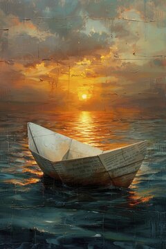 The paper boat gracefully navigates through a vast sea of words, carrying the tale on a backdrop of fading hues.
