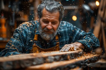 An elderly artisan in overalls woodworking with focused expression amidst flying sawdust