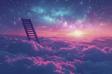 A ladder ascends to the starry night, embodying aspirations and dreams against a serene backdrop. - obrazy, fototapety, plakaty