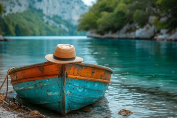 A serene photograph showcasing an old blue and orange boat with a straw hat on it, docked on the clear waters of a tranquil lake surrounded by lush trees