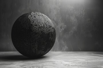 Exploring a textual world within a monochrome globe, set against a stark backdrop, embodying the essence of a world built from words.