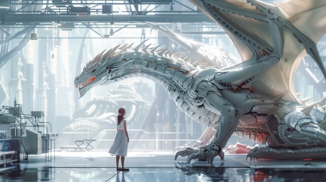 Cyborg dragon lady overseeing a high tech zoo a fusion of wildlife and robotics
