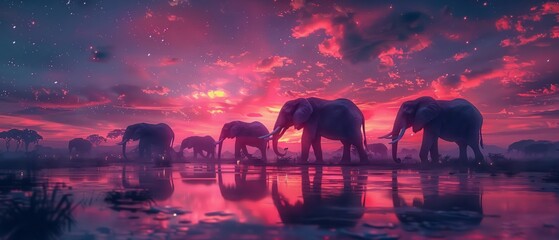 Cyber elephants under neon stars magical sanctuary landscape harmonious digital wilderness - obrazy, fototapety, plakaty