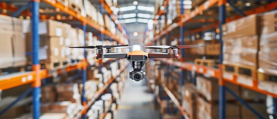 A automated drone flies down a warehouse corridor, showcasing the future of package handling and inventory systems in distribution centers. - obrazy, fototapety, plakaty