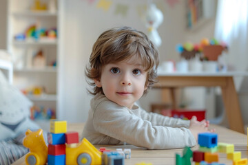 Adorable kid engaging in indoor table play, selective attention.