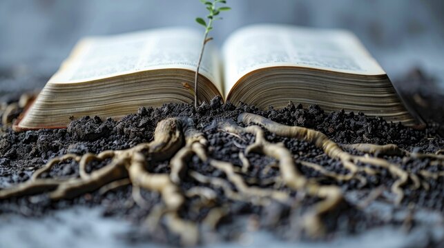 A single, pristine image of a book with roots delving deep into the earth, set against a luminous backdrop, symbolizing the profound depths of knowledge.