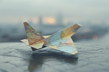 A lone paper plane crafted from a map soars above a spotless white expanse, embodying minimalist wanderlust dreams.