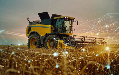 A combine harvester works efficiently in a golden wheat field with an interconnected digital network graphic overlay, representing agriculture's embrace of data and technology.