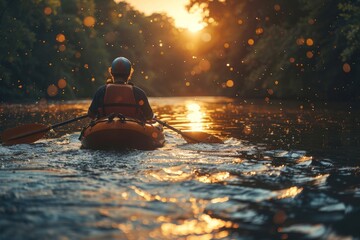 A kayaker navigates through calm waters as the sunset creates a reflective golden path on the surface showcasing nature's serenity - obrazy, fototapety, plakaty