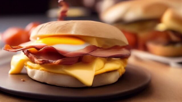 Breakfast burger with crispy bacon and egg, warm and inviting
