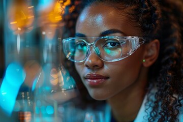 A focused female scientist wearing safety glasses analyzing an experiment