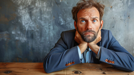 Pensive businessman with beard, resting chin on hands, looking away with worried expression, sitting at wooden table against grey textured background.