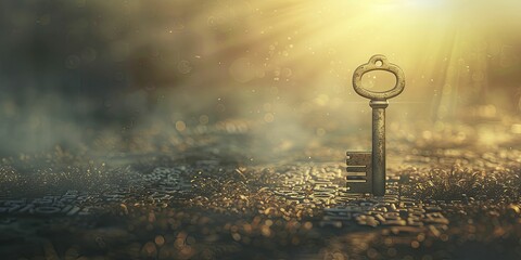 Discover the intricate beauty of a key gracefully unveiling a realm of wisdom within a door crafted from words on a serene backdrop. - obrazy, fototapety, plakaty
