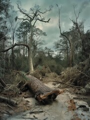 A single sunken pine tree lies across a swampy forest floor, with tangled underbrush and a stormy sky overhead. - obrazy, fototapety, plakaty