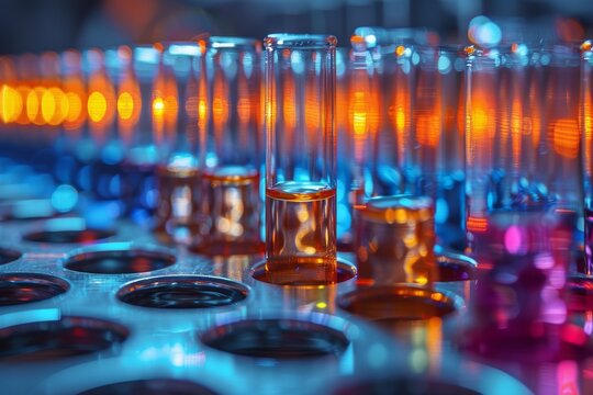 Vivid image of laboratory test tubes in a rack, illuminated with blue and orange lights creating a futuristic atmosphere
