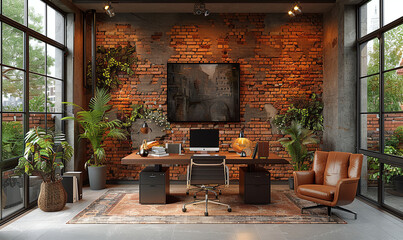 Modern home office interior with brick wall, stylish desk setup, leather armchair, and indoor plants.