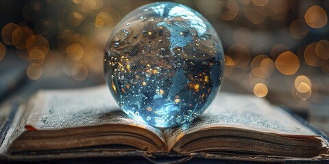 A delicate sphere of words hovers above an exposed journal amidst a softly vanishing scene, narrating a worldwide tale. - obrazy, fototapety, plakaty