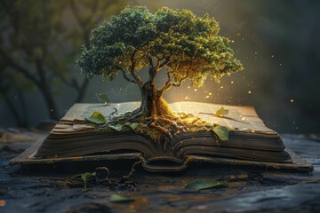 A mystical tree emerges from an open book, its foliage murmuring secrets against a backdrop of fading light. - obrazy, fototapety, plakaty