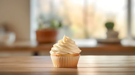 Foto op Canvas Close up of a ivory Cupcake on a wooden Table. Blurred Kitchen Interior Background © drdigitaldesign