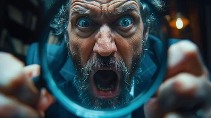 Fotobehang Portrait of a shocked man examining something through a magnifying glass, concept of discovery and study © amixstudio