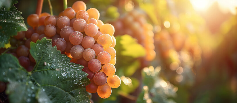 Ripe white grape clusters on the vine close up. Vineyard in sun light on background.