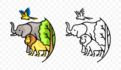 Lion, elephant, macaw parrot, tree and plant, bird and animals, graphic design. Ecosystem, environment, environmental, biodiversity and diversity, vector design and illustration