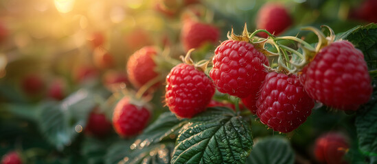 Ripe juicy raspberries in the garden close up. Healthy food, sweet dessert. Red berries.