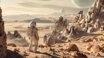 Astronaut examining the terrain of an extraterrestrial world, unusual rock formations on an exoplanet.