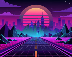 Ilustration vector synthwave retro cyberpunk-style landscape road