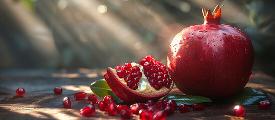 Ripe fresh pomegranates close up. Healthy juicy fruit. Sun light.
