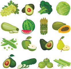 Set of berries and fruits, vegetables on a white background. Vector icon	
