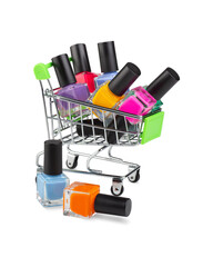 Mini shopping cart with several coloured bright nail polish bottles