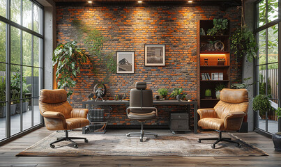 Modern home office interior with brick walls, stylish chairs, and green plants. - obrazy, fototapety, plakaty