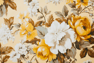 Yellow and white floral pattern on a white background, textured fabric, wallpaper