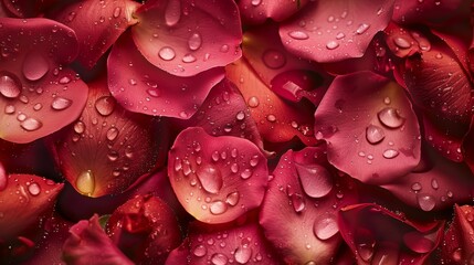 Close-up of red rose petals with water droplets. Macro shot with a romantic