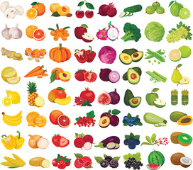 Set of berries and fruits, vegetables on a white background. Vector icon	
