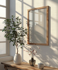 Cozy interior with a wooden console table, decorative mirror, potted plant, and sunlight casting shadows on a white wall.