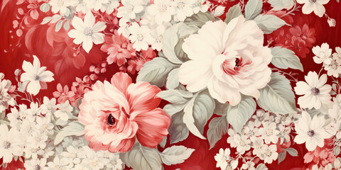 White floral pattern on a red background, textured fabric, wallpaper