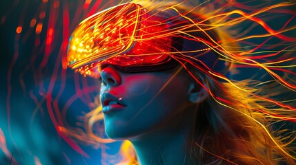 A young girl with glowing red and yellow wires for hair wears futuristic virtual reality glasses. The image depicts the concept of cyberspace, augmented reality, and futuristic technology.