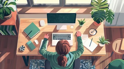 Overhead view of a woman working at a wooden desk with a computer and houseplants. - obrazy, fototapety, plakaty