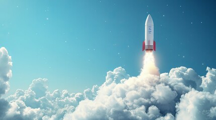 A rocket launches through a blue sky, leaving a trail of smoke behind it, representing the start of a new idea or business. - obrazy, fototapety, plakaty
