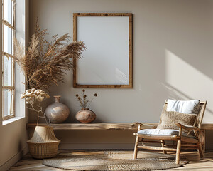 Cozy interior with chair, wooden bench, vases, and dried plants by a sunny window with a blank frame on the wall.