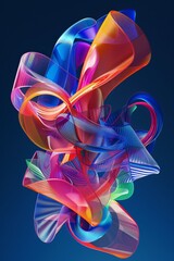 A 3D abstract composition of colorful, flowing lines and glossy vibrant shapes in the style of Melanie Delon work. The background is a dark cobalt blue 