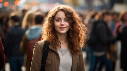 Fototapeta premium A young brunette backpacker girl walking in the busy crowd