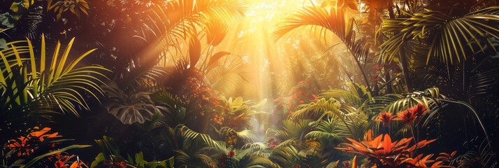 Illustration of a wild tropical jungle in bright colors, the rays of the bright sun penetrate through the palm trees and plants, banner