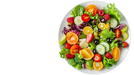 Colorful and Fresh Fruit Salad with Appetizing Dressing, Top View of Sliced Mixed Fruits on Transparent Background for Healthy Eating Concept