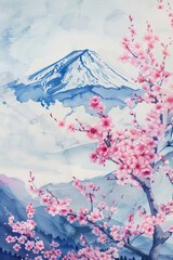 A cherry blossom tree with pink flowers in front of Mount Fuji, in the style waterstyle painting.