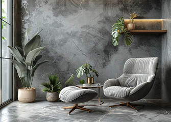 Modern living room interior with comfortable armchair, green plants, and textured grey wall....